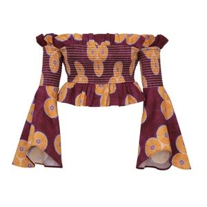 NWT Autumn Adeigbo Isabella Blouse in Burgundy Gold Size 4 Off Shoulder